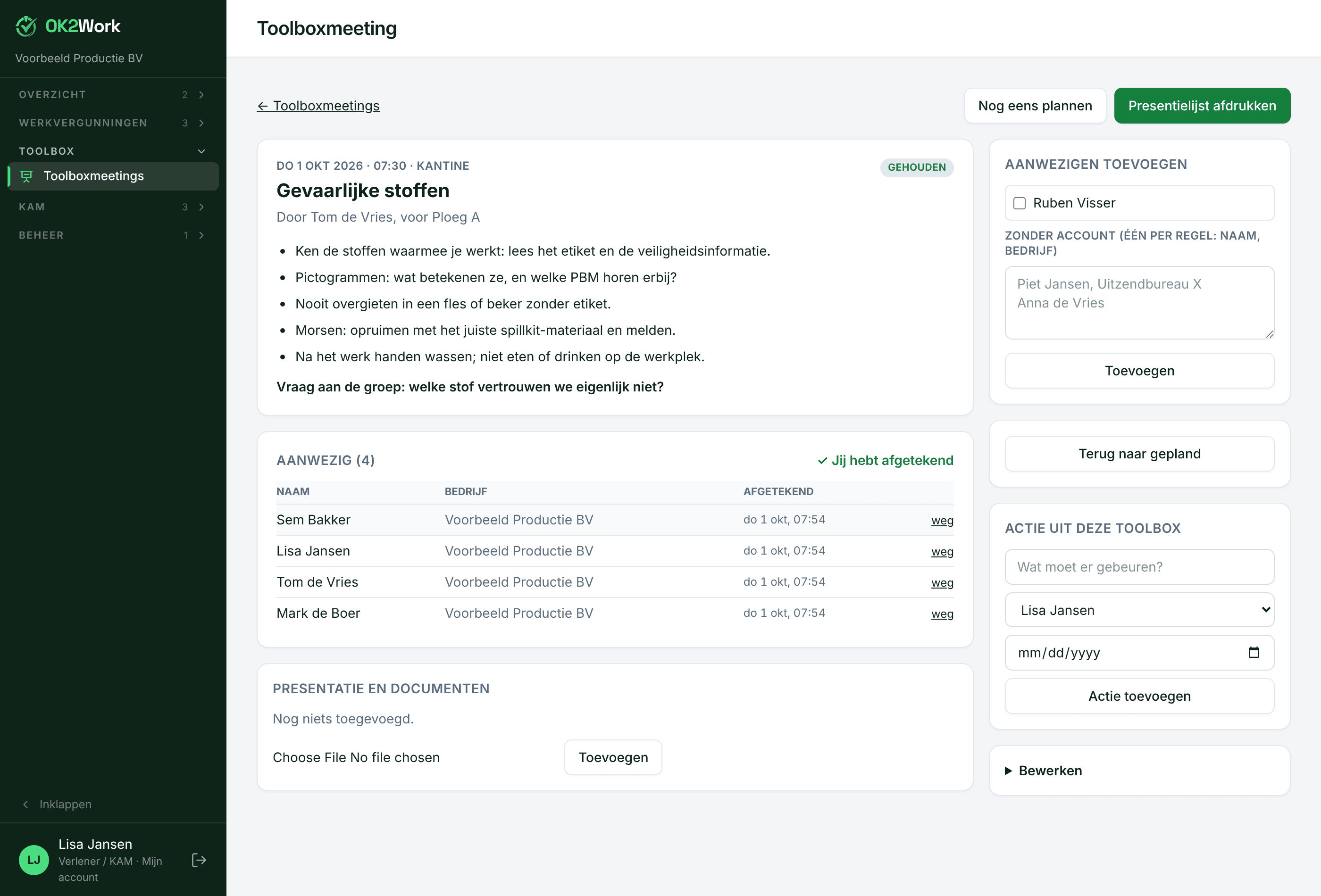 Toolboxmeetings met aftekenlijst